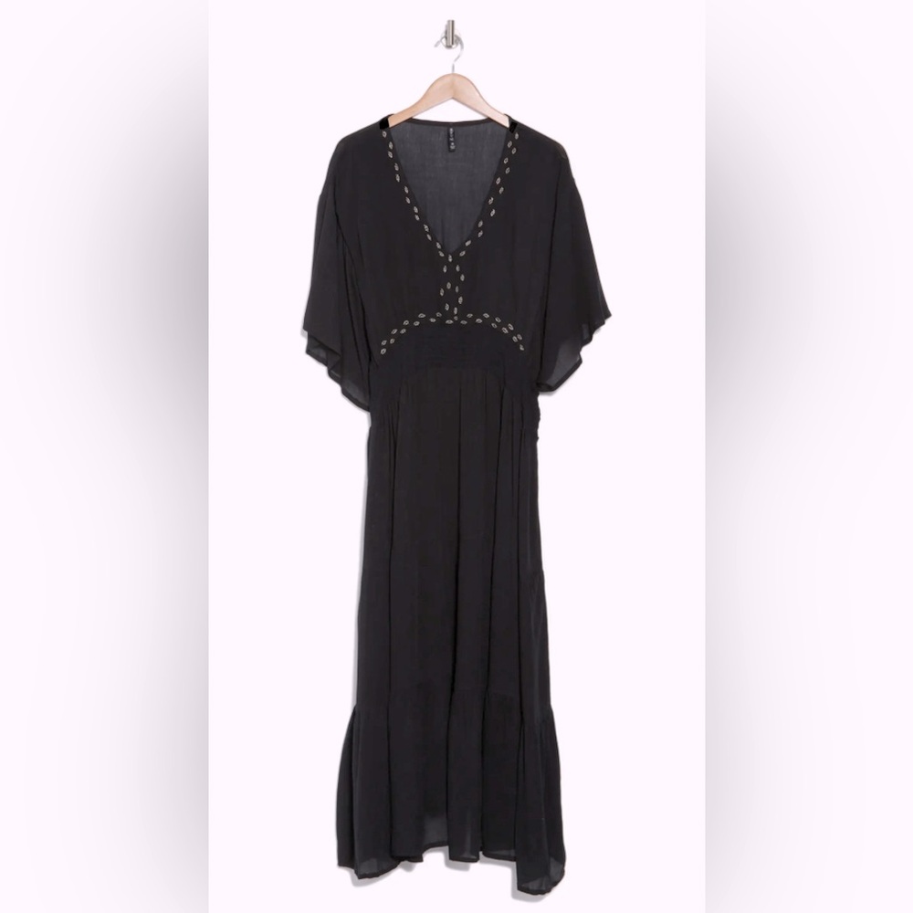 BOHO ME Beaded Flutter Sleeve Maxi Dress In Black, Small